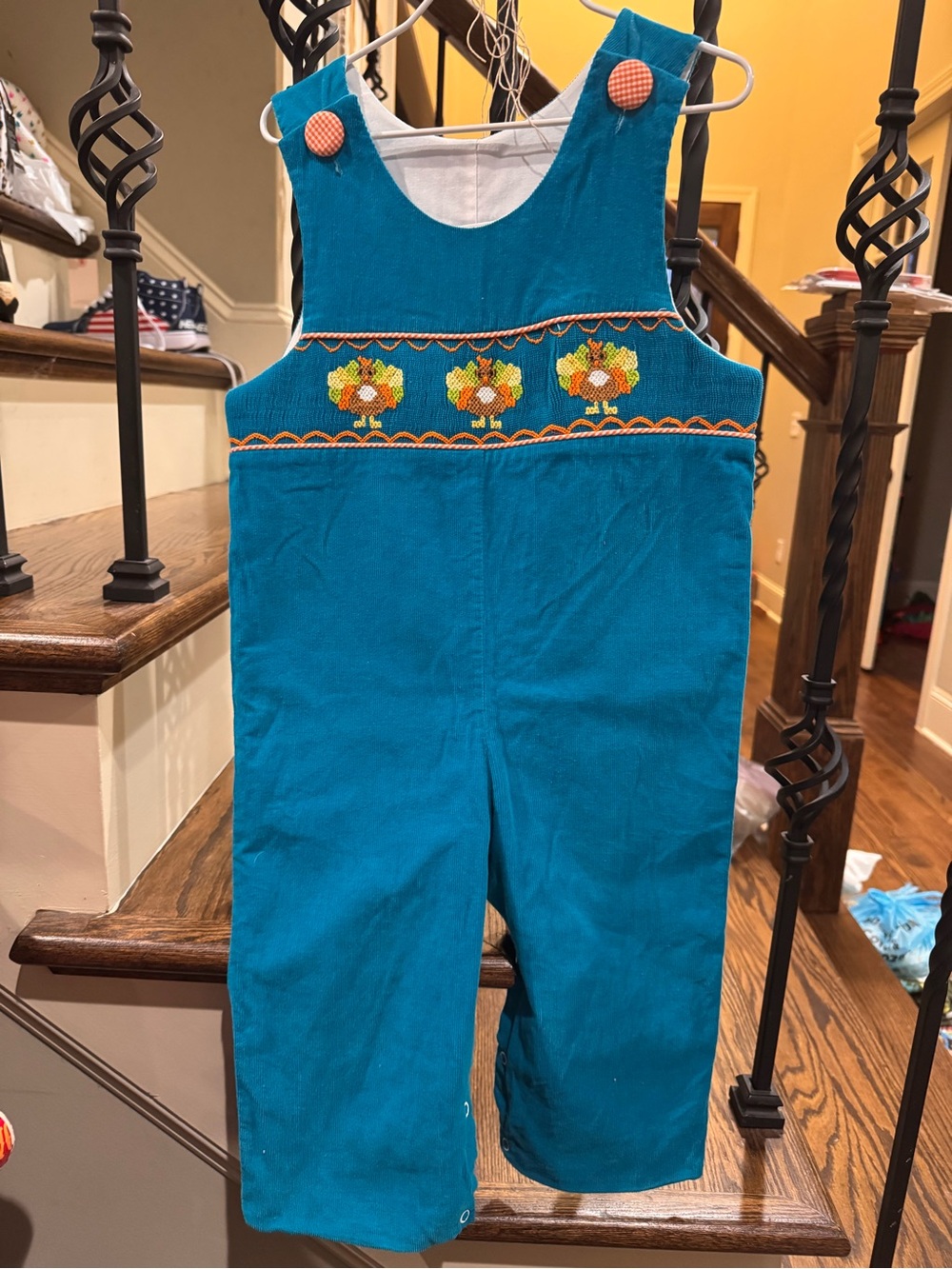 Children's Teal Corduroy Overalls with Turkey Smocking